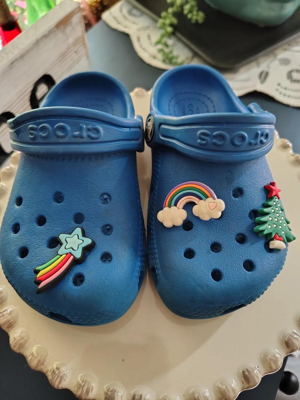 Blue Kids Crocs-Style Clog with Rainbow & Star Charms Sz.7